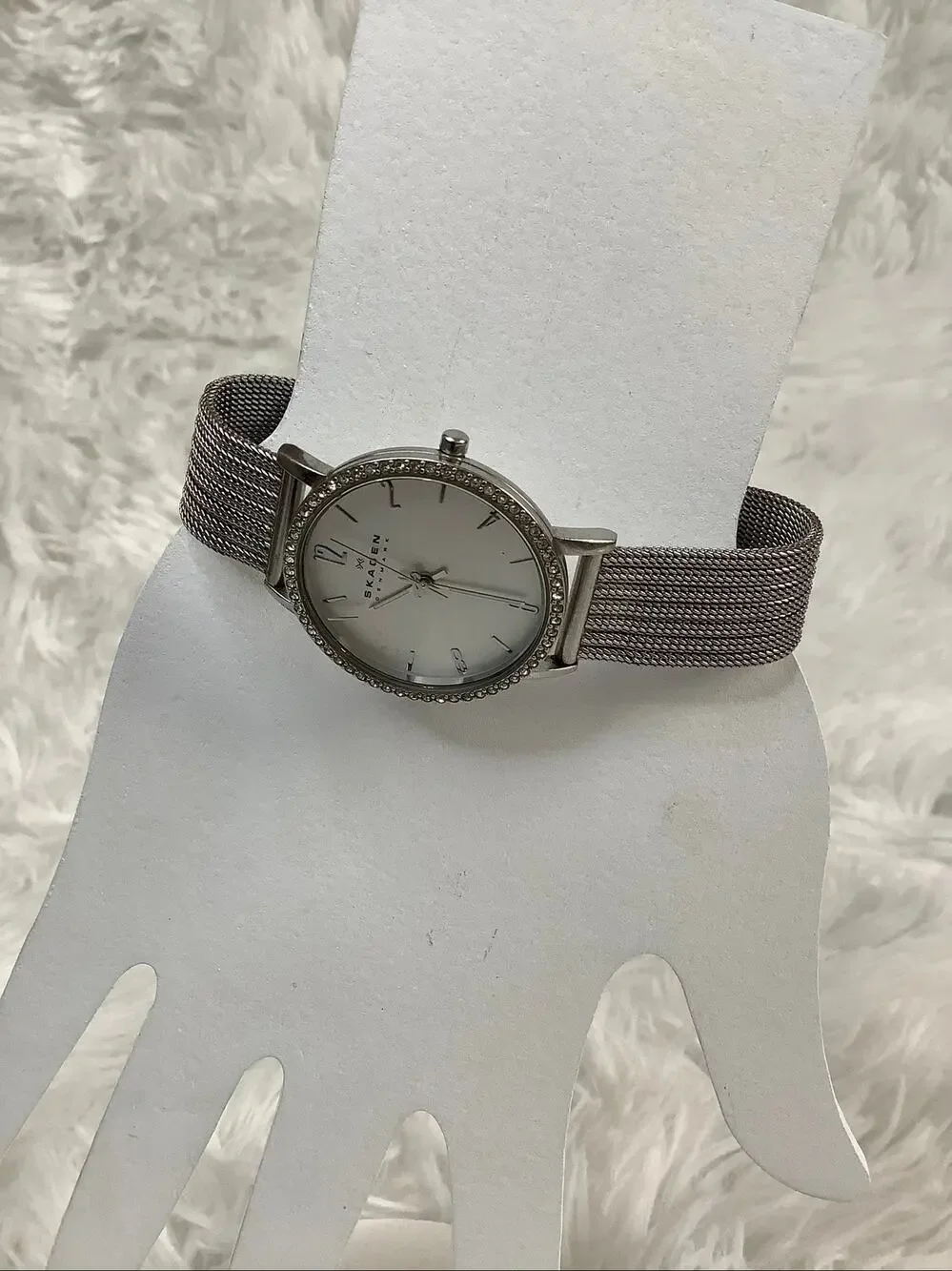 Skagen Silver Stainless Steel Mesh Band Pave Crystal Analog Quartz Watch A5-8